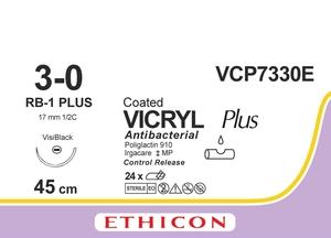 VICRYL PLUS фіолетовий 8X45см M2 USP3/0 одна голка JRB-1 Visiblack Control Release, тип колюча Taper Point, 17мм, 1/2 кола
